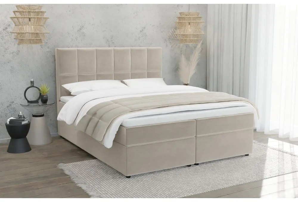Beżowe łóżko boxspring ze schowkiem 200x200 cm Flip – Ropez