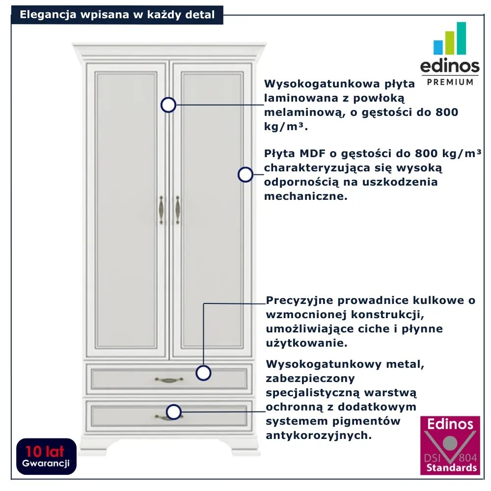 Klasyczna szafa dwudrzwiowa z szufladami fineline crema T0-R91