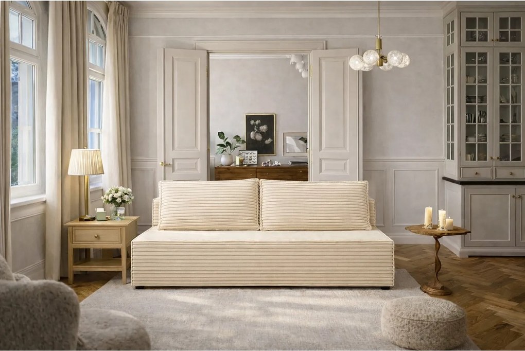 Sofa z funkcją spania i pojemnikiem DUO, tkanina Velo, Ecru