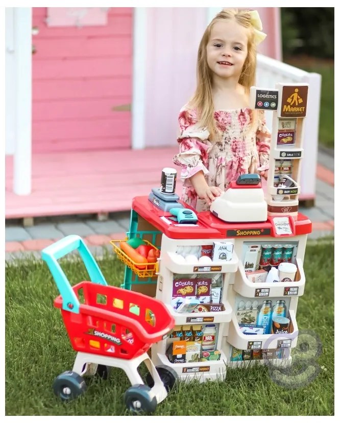 Woopie sklep supermarket z wózkiem sklepowym waga kasa skaner + 48 akc.