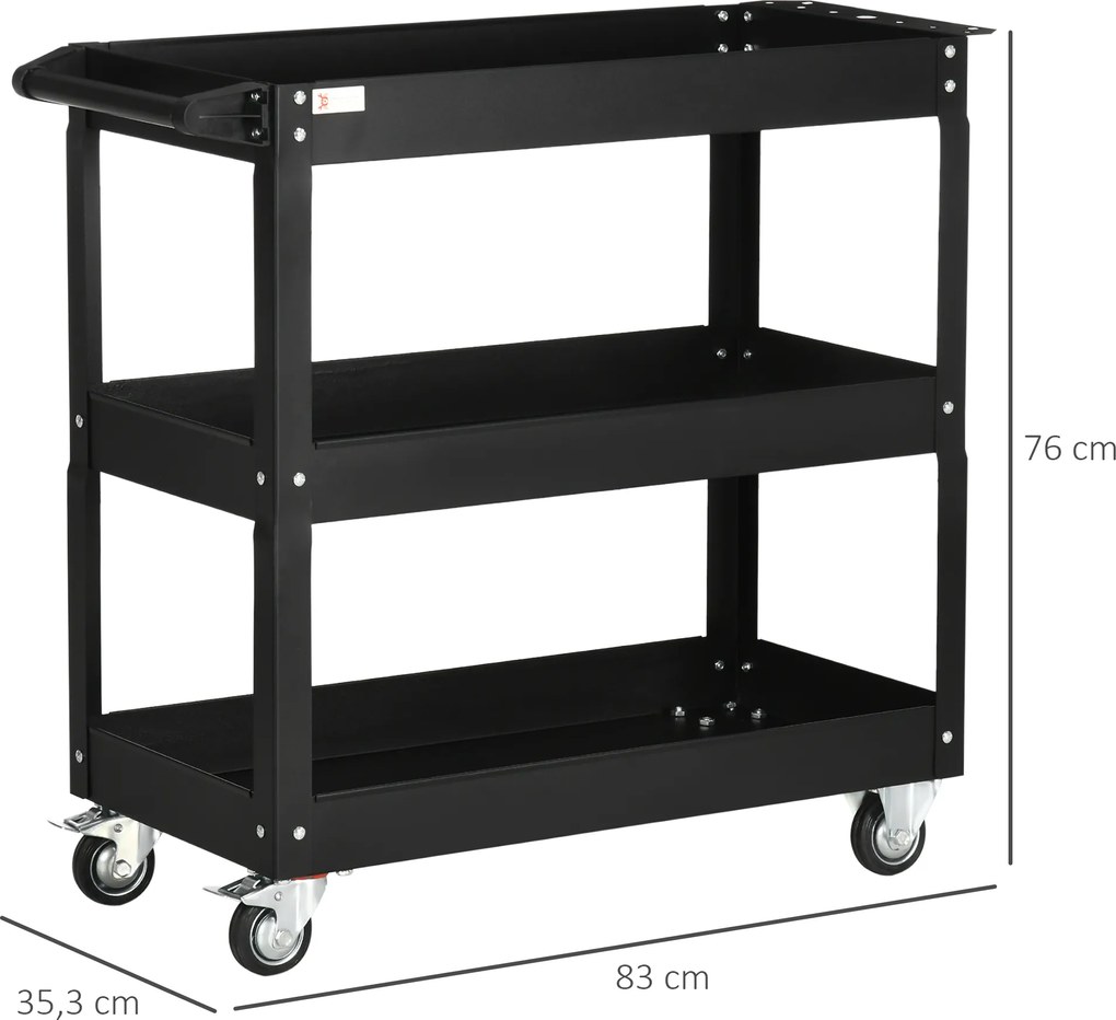 DURHAND Wózek narzędziowy na 3 poziomy, 4 koła, stal, 83Szer x 35,3Gł x 76Wys cm, Czarny
