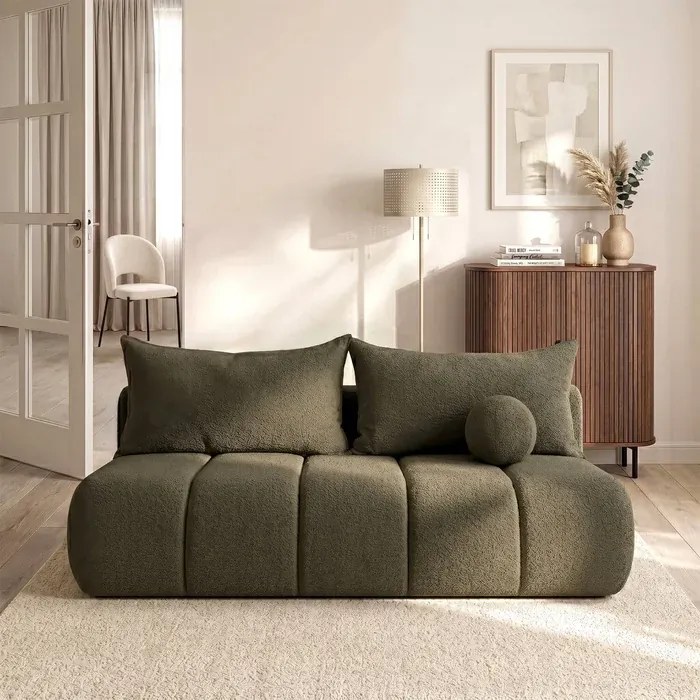 Sofa z Funkcją Spania SARIA Oliwkowa Boucle Nowoczesna