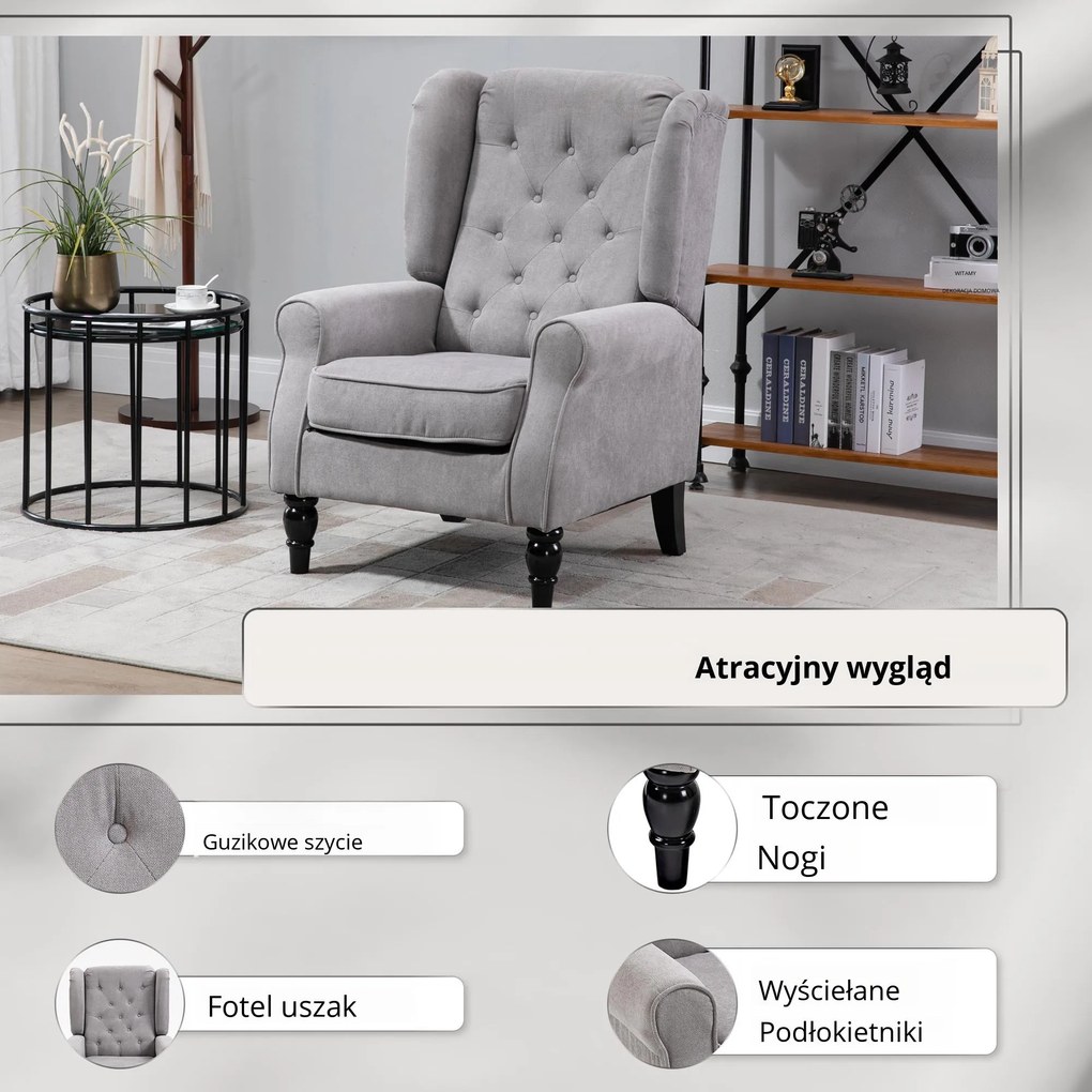 HOMCOM Elegancki Fotel Uszak z Pikowaniem i Drewnianymi Nogami w Kolorze Szarym
