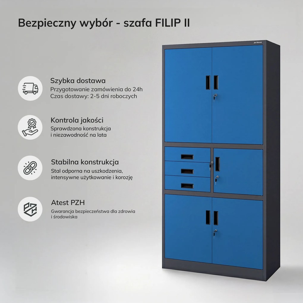 Biurowa szafa metalowa z sejfem antracytowo-niebieska, 900x1850x400 mm: FILIP II