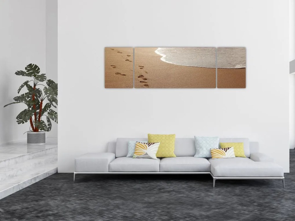 Obraz - ślady stóp na piasku i morzu (170x50 cm)