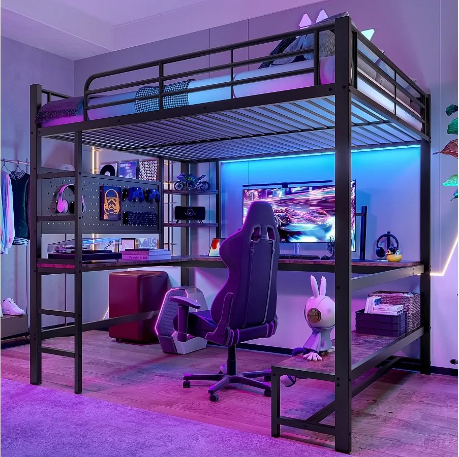 Łóżko piętrowe dla dzieci - 140 x 200 cm - rama żeliwna - z biurkiem + diody LED + USB + Type-C - metal + MDF - czarne