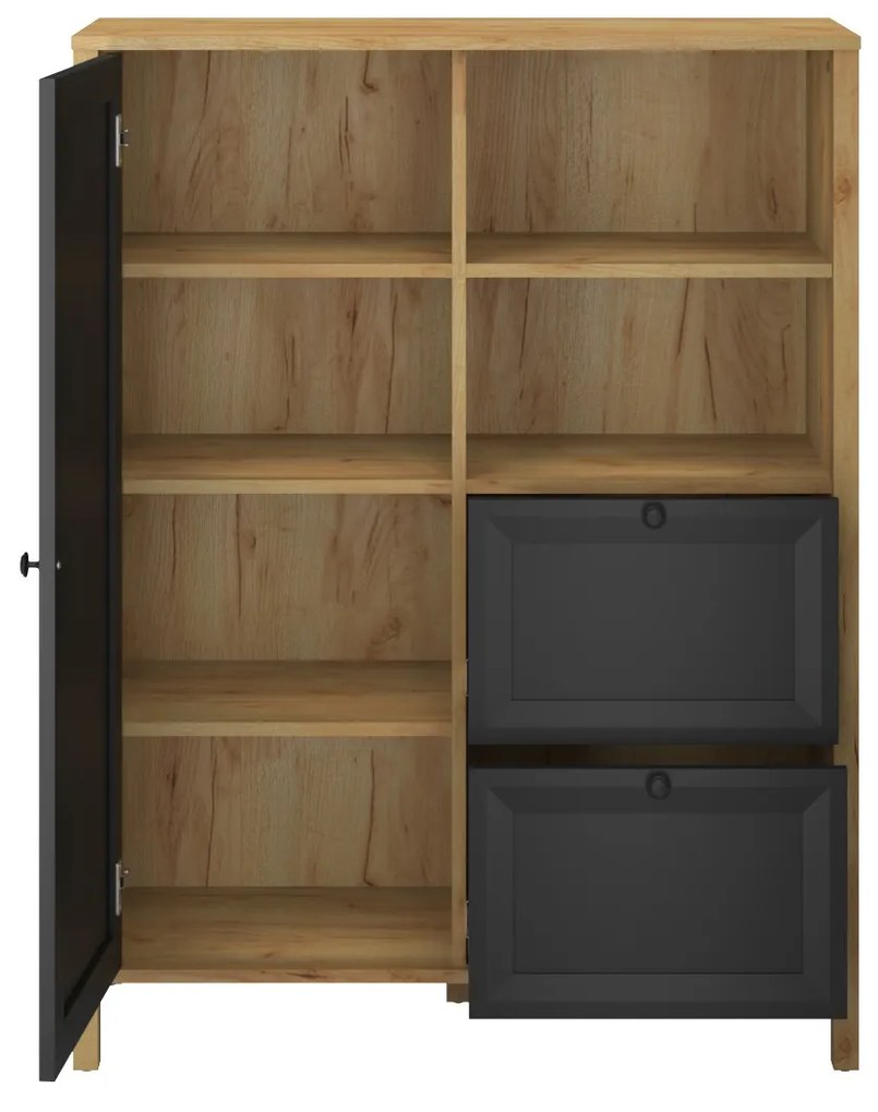 Komoda z Szufladami Drewniana do Salonu NORIA 92 cm Dąb craft złoty/czarny Loft