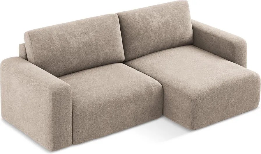 Beżowy rozkładany narożnik ze schowkiem z tkaniny szenilowej (prawostronny/z szezlongiem) Kona – Makamii