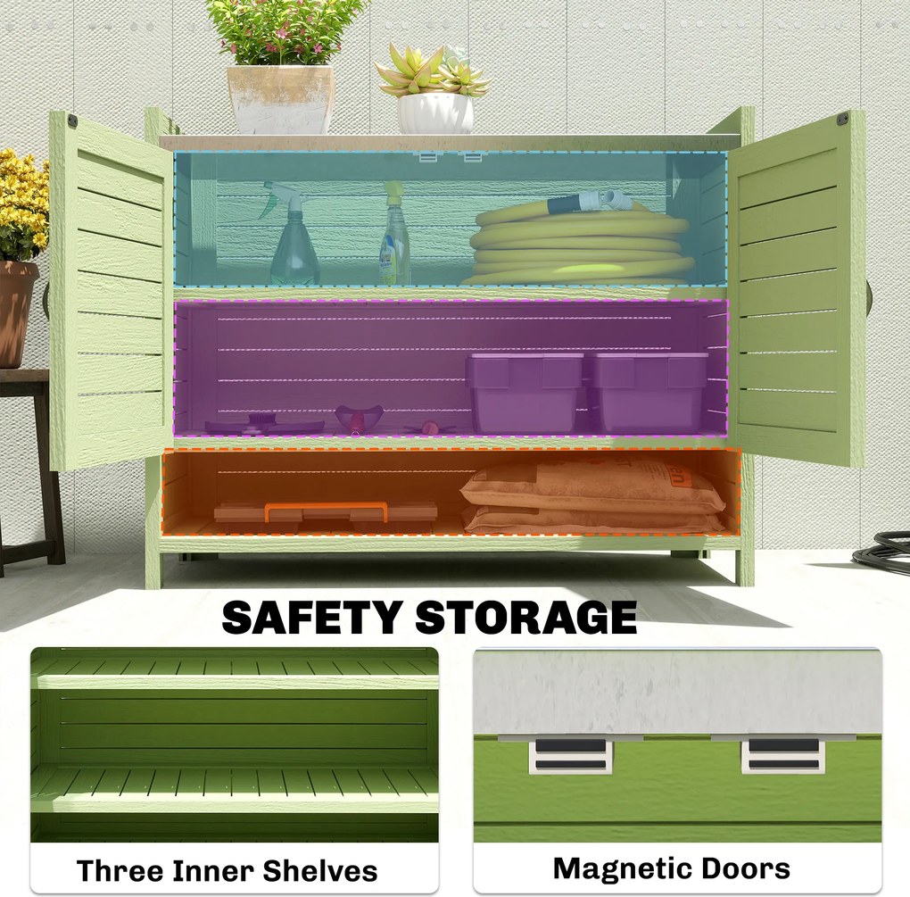 Outsunny Stół do sadzenia z szafką z drewna, szafka ogrodowa z ocynkowanym blatem, 3 półki, 88x40x70,5cm, zielony | Aosom PL