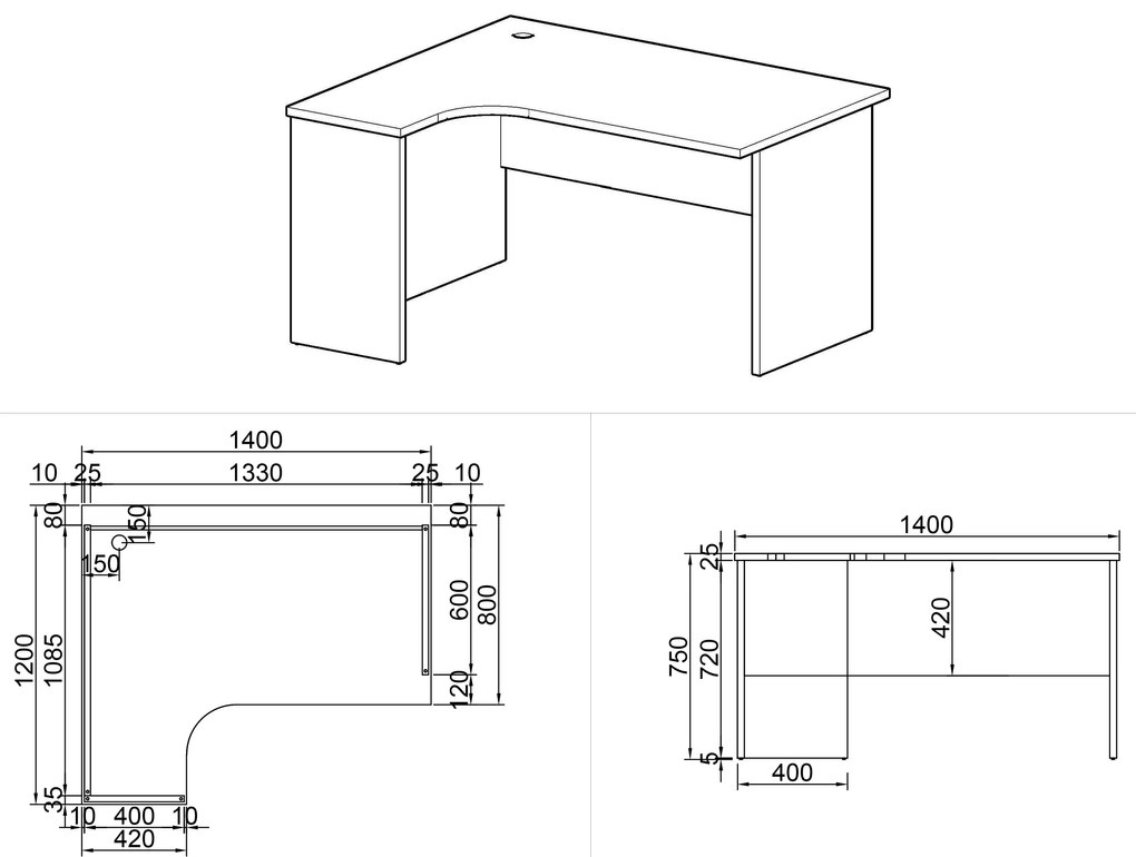 Biurko ergonomiczne MIRELLI, lewe, orzech