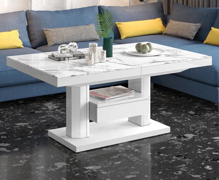 Nowoczesny ławostół z półką i szufladą Quadro Max marmur/biały