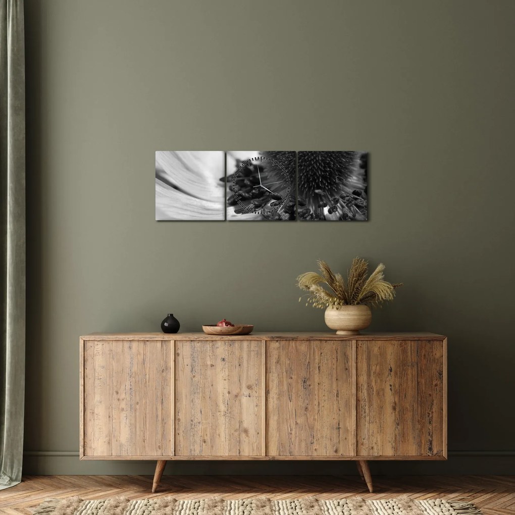 Obraz - Kwiat w czerni i bieli (z zegarem) (90x30 cm)