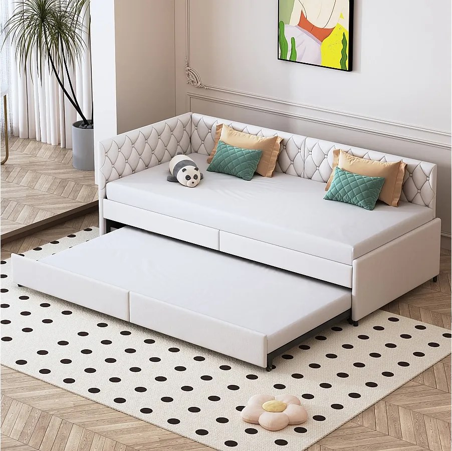 Sofa rozkładana 90x200 cm z dostawką – Beżowa tapicerka welurowa – Wielofunkcyjna konstrukcja – Stabilna rama z listwowym stelażem