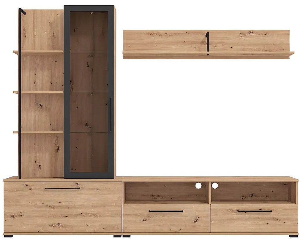 Ścianka RTV DUBLIN z półkami – kolor: dębowy i czarny