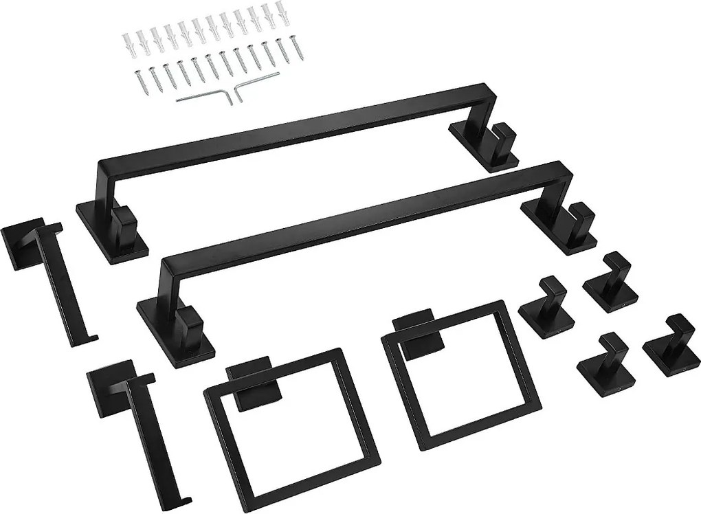 Akcesoria Łazienkowe SucceBuy 10PCs, 2 Wieszaki na Ręczniki ze Stali Nierdzewnej 59,5 cm z 2 Kwadratowymi Podpórkami na Ręczniki, 4 Haki na Szlafrok, Czarny Mat