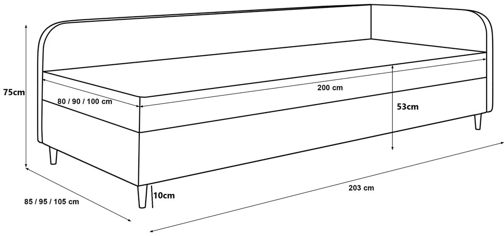 Czarne tapicerowane łóżko prawostronne z materacem 90x200 Emiko 4X