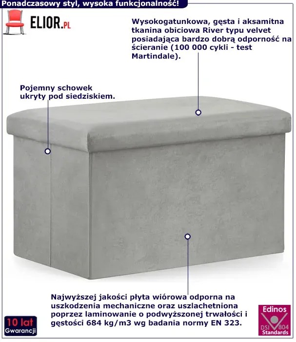 Szara prostokątna welurowa pufa ze schowkiem - Teni 5X