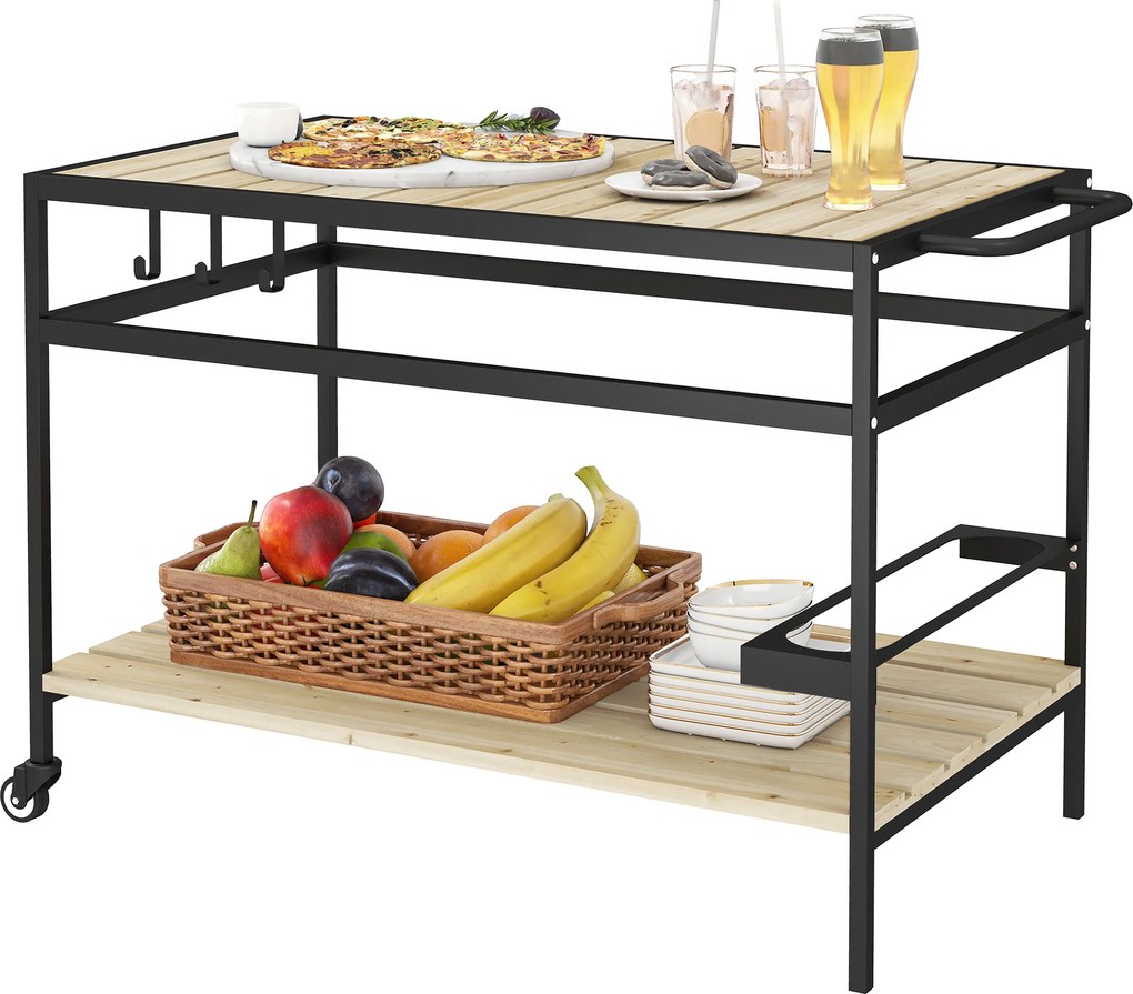 Outsunny Wózek Serwisowy Design Przemysłowy z 3 Hakami i Półką Czarny Naturalny 107x65x80cm | Aosom PL