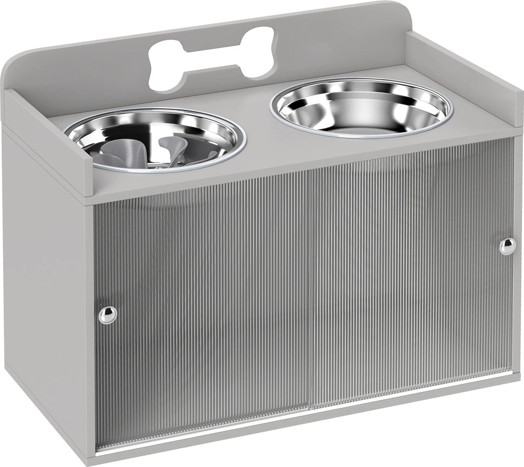 PawHut Podwyższona stacja karmienia z 2 miskami i szafką, MDF, stal nierdzewna, motyw kości, szary