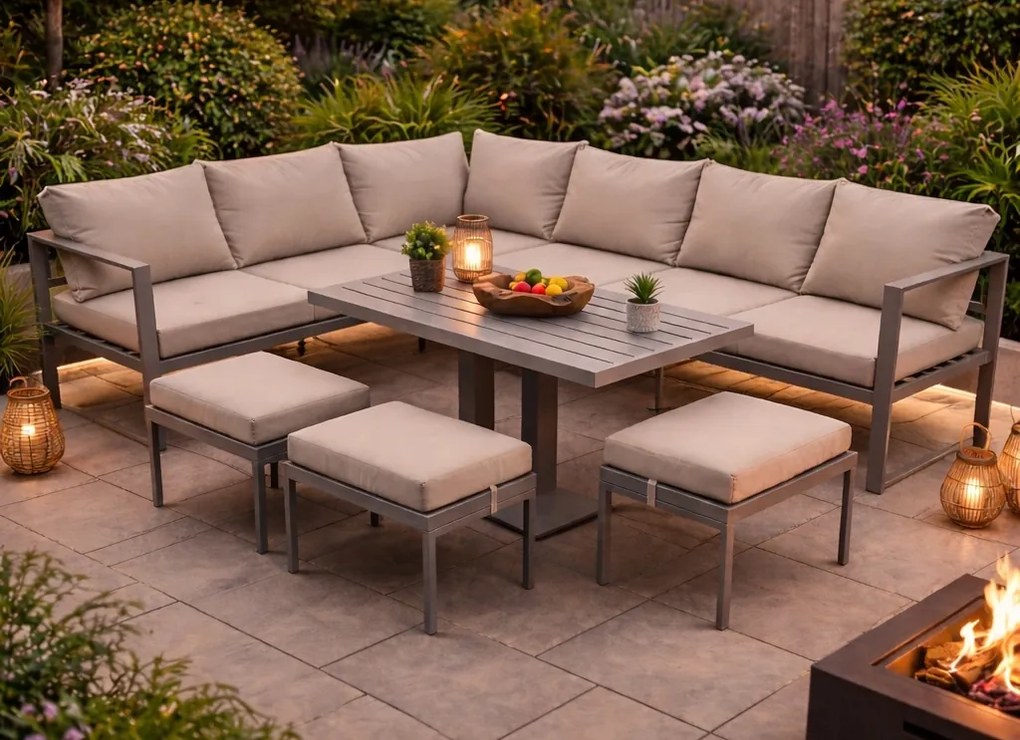 Narożnik ogrodowy Bellagio NM21-G-BR z pufami i ławostołem, szary, poduszki beżowe