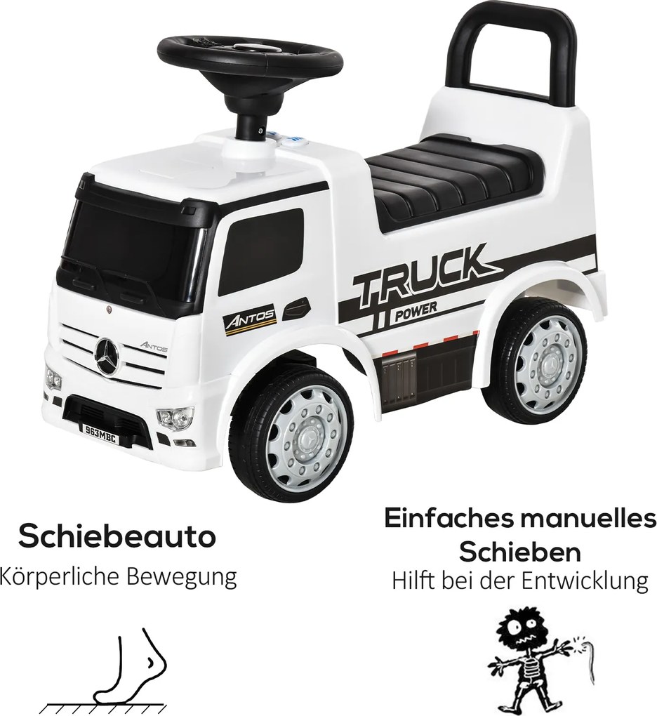 HOMCOM jeździk Mercedes ANTOS ciężarówka dla dzieci 12-36 miesięcy Biało-czarny z światłami 625x285x45cm | Aosom PL