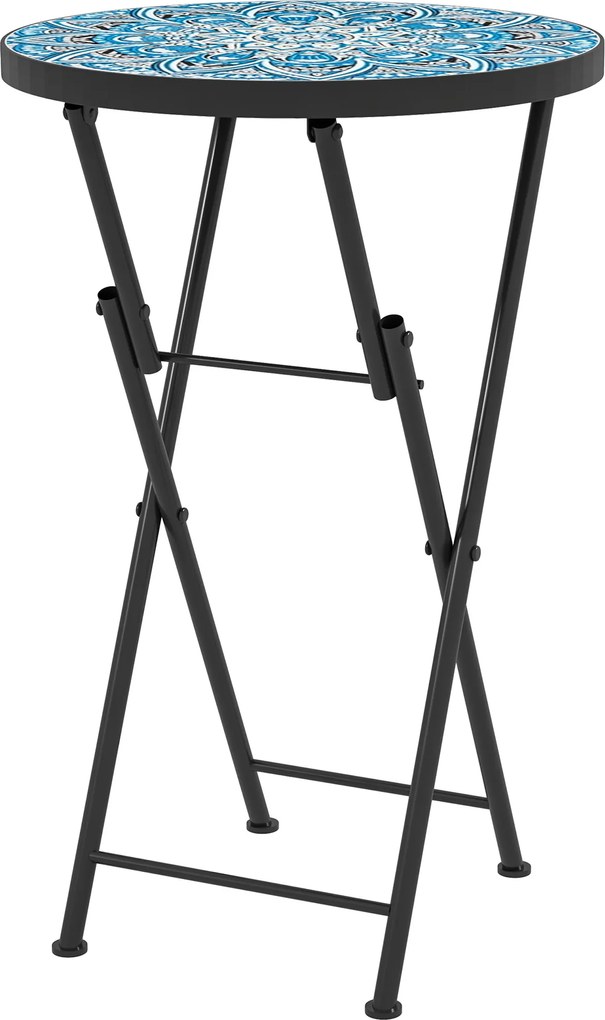 Outsunny Ogrodowy stolik z mozaiką, Składany okrągły stolik tarasowy z metalowym ramem i ceramicznym blatem, wzór w mozaikę, Niebieski