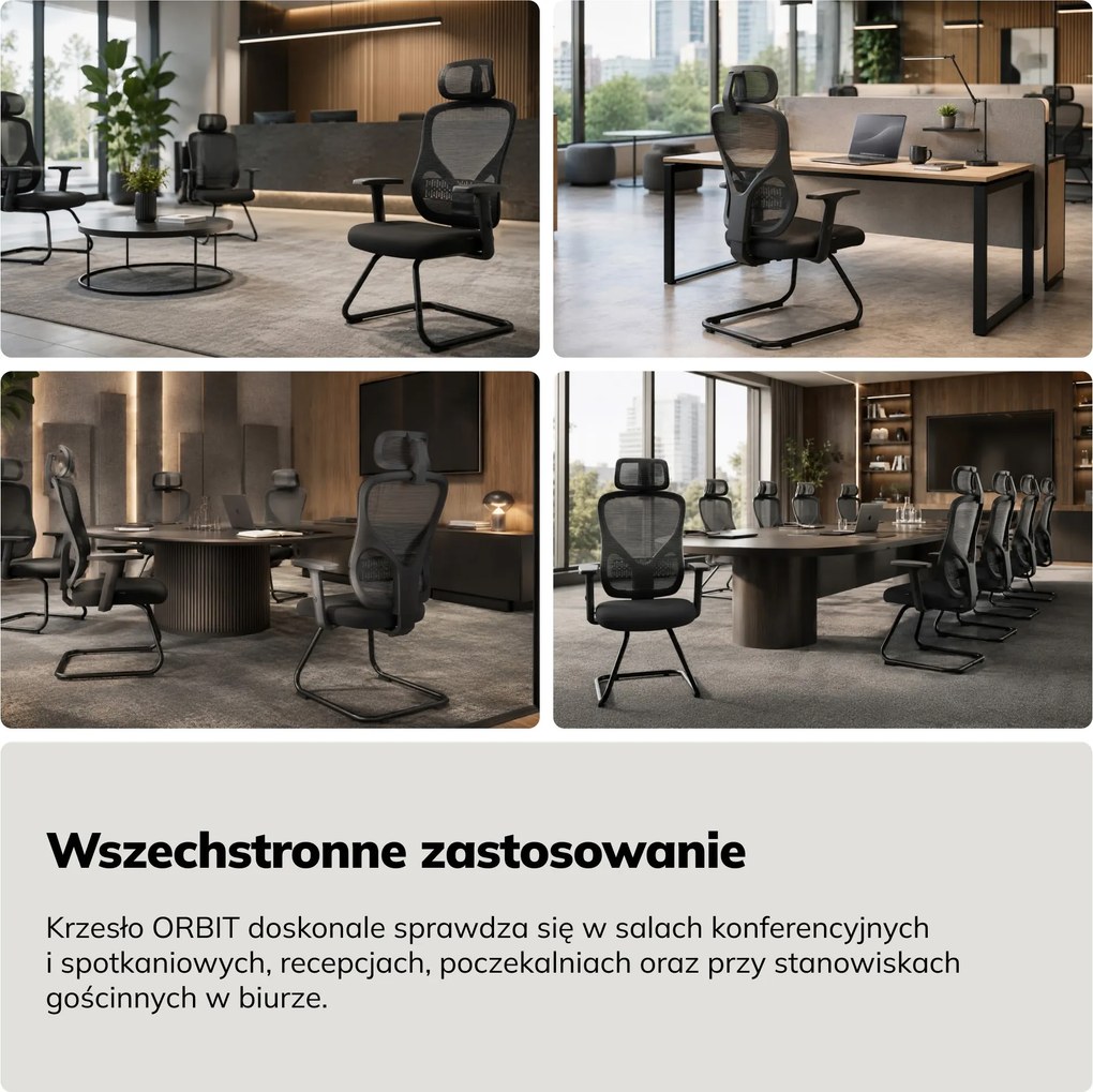 Krzesło biurowe konferencyjne z zagłówkiem czarne ORBIT