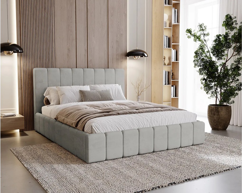 BESILIO Tapicerowane łóżko slim 120x200 Lexy - stelaż metalowy, pojemnik na pościel, slim łóżko, tkanina velurowa - Jasnoszary
