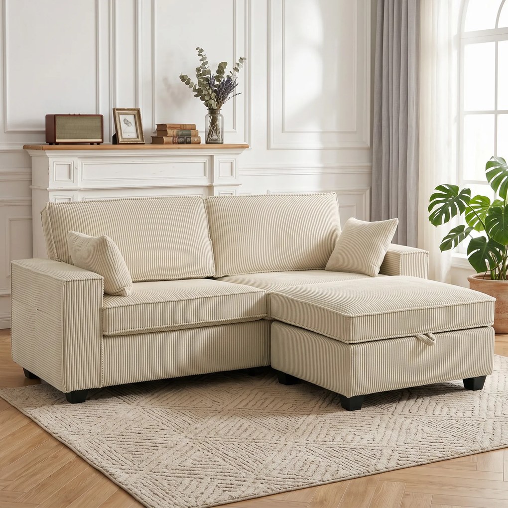 HOMCOM Narożnik z pufą z pojemnikiem, sztruks, 3-osobowy sofa w kształcie L z wypełnieniem sprężynowym, szerokie siedzisko, beżowy | Aosom PL