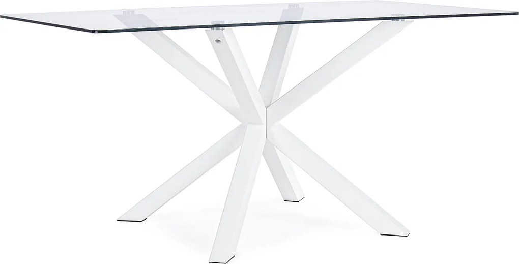 Szklany prostokątny stół, skrzyżowane nogi biała stal 160×90 cm - MAY