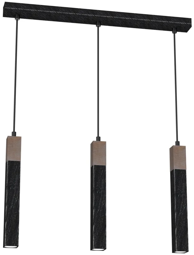 Lampa wisząca, czarna, potrójna SOLO SAWN BLACK / PATINATED WOOD 3x mini GU10