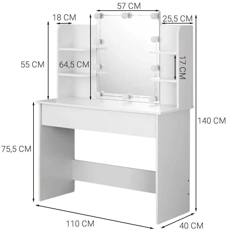 Toaletka kosmetyczna z lustrem LED 110 cm – nowoczesna toaletka do makijażu i wizażu w stylu loft