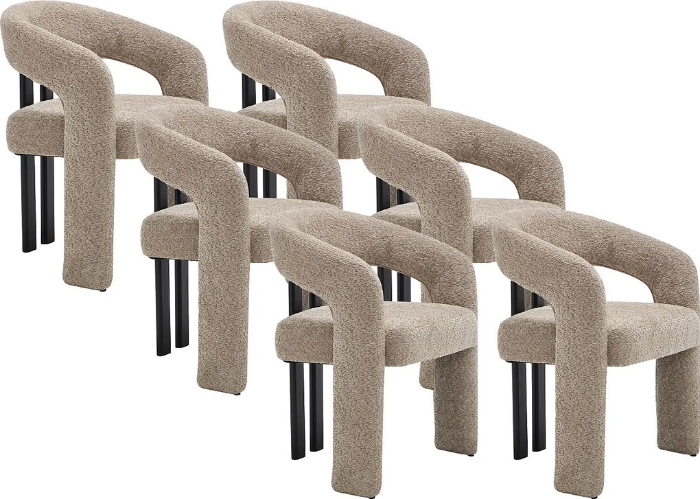 Zestaw 6 krzeseł z podłokietnikami z tkaniny z bukli  i czarnego drewna kauczukowca  - Taupe - NORETI