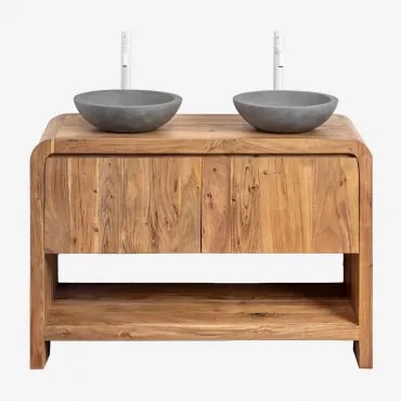 Zestaw Mebli Łazienkowych Z Drewna Vacry Akacja Brąz & 2 X Okrągły Szary Cement Ø40 Cm Tarsis & Bezlusterkowiec - Sklum