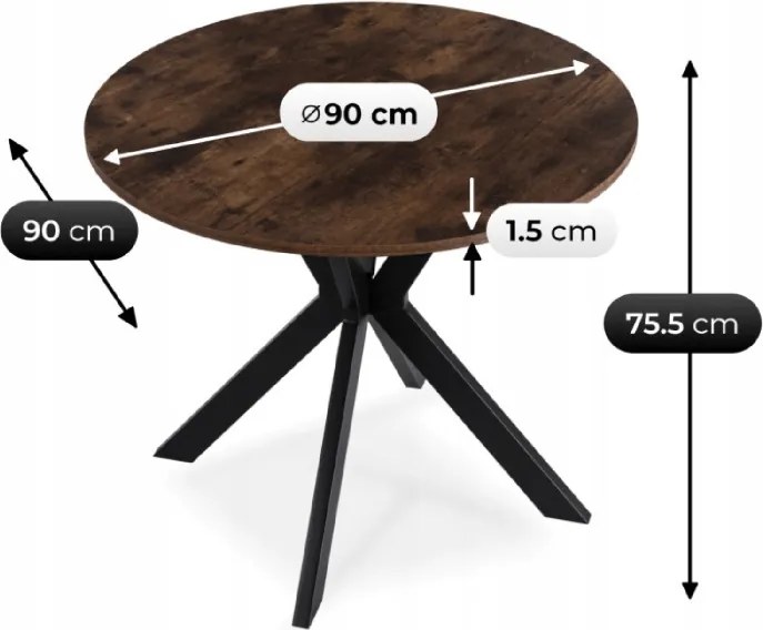 Zestaw Stół Okrągły LAUREN 90 cm Dąb Rustykalny/Czarny i 4 Krzesła ROBIN Czarne