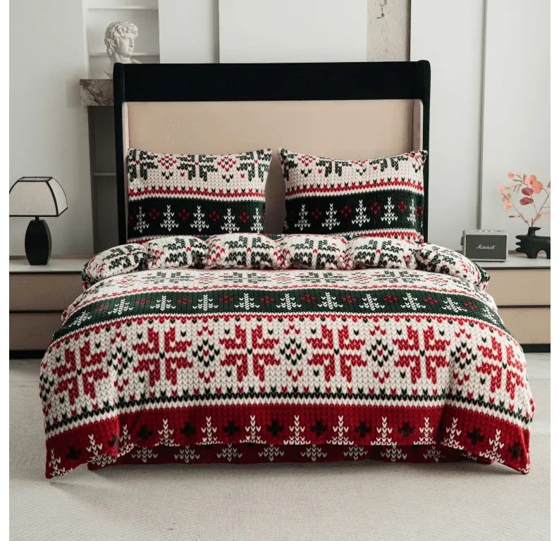 PrzytulneMieszkanie.pl PrzytulneMieszkanie.pl PrzytulneMieszkanie.pl Zestaw pościeli z mikropluszu FROSTED CHRISTMAS kolorowy + prześcieradło z mikropluszu SOFT 180x200 cm białe, podwójne łóżko