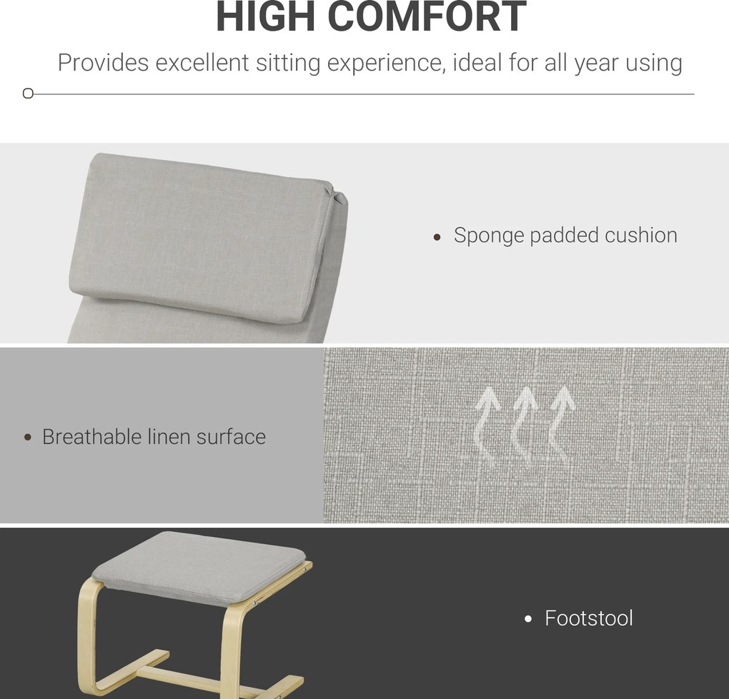 HOMCOM Fotel klubowy z podnóżkiem, pokrowiec imitujący len, drewniana rama, do 120 kg, Jasnoszary/Natura