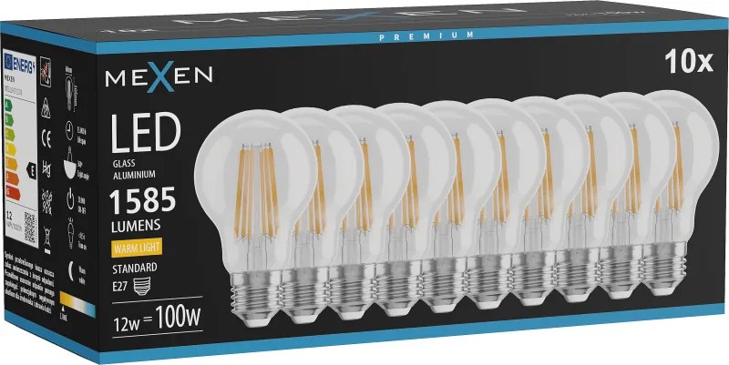 Mexen Vintis 10x żarówka filament LED E27, A60, 12W, Ciepła - 2700K, 1585 lm, clear - L150-E27-1227-00x10