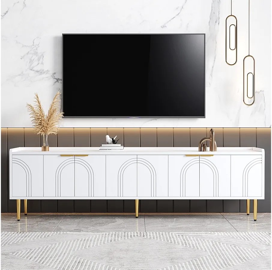Stolik pod TV z 4 teksturowanymi drzwiami - 170 x 35 x 47,5 cm - złote uchwyty i nogi - MDF - biały