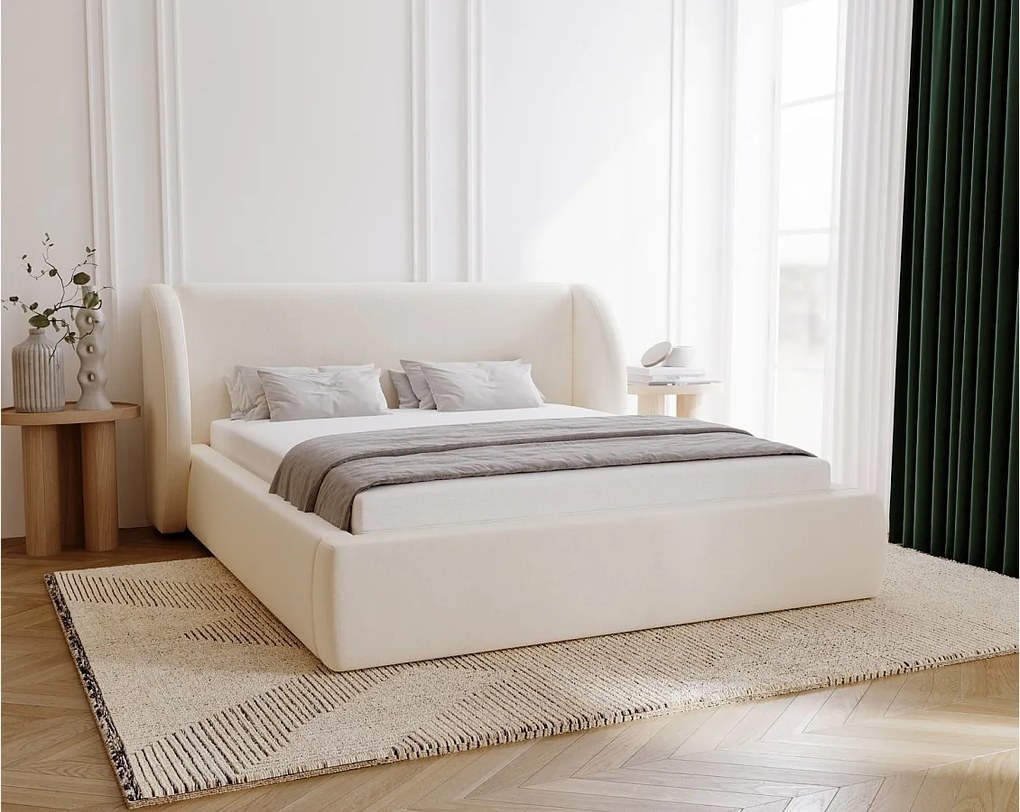 Emporius Barcelona łóżko z zaokrąglonym zagłówkiem - łóżko tapicerowane 160x200, pojemnik i stelaż - nowoczesny styl, tkanina aksamitna, kremowy (Komodo 10)