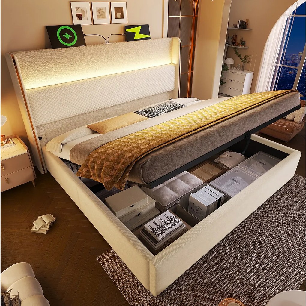Łóżko z pojemnikiem 160x200 cm Łóżko dla dorosłych z USB i LED, tapicerowany zagłówek - beżowy len (bez materaca)