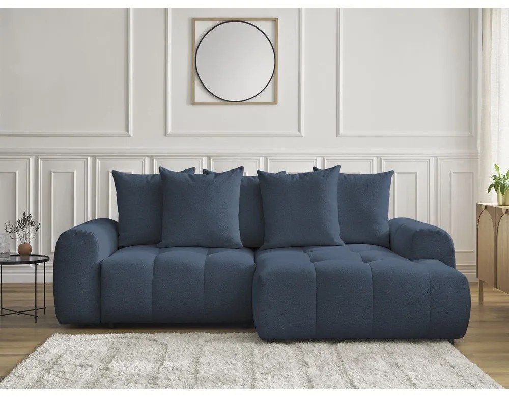 Niebieski rozkładany/ze schowkiem narożnik z tkaniny szenilowej (prawostronny/z szezlongiem) Roxelane – Bobochic Paris