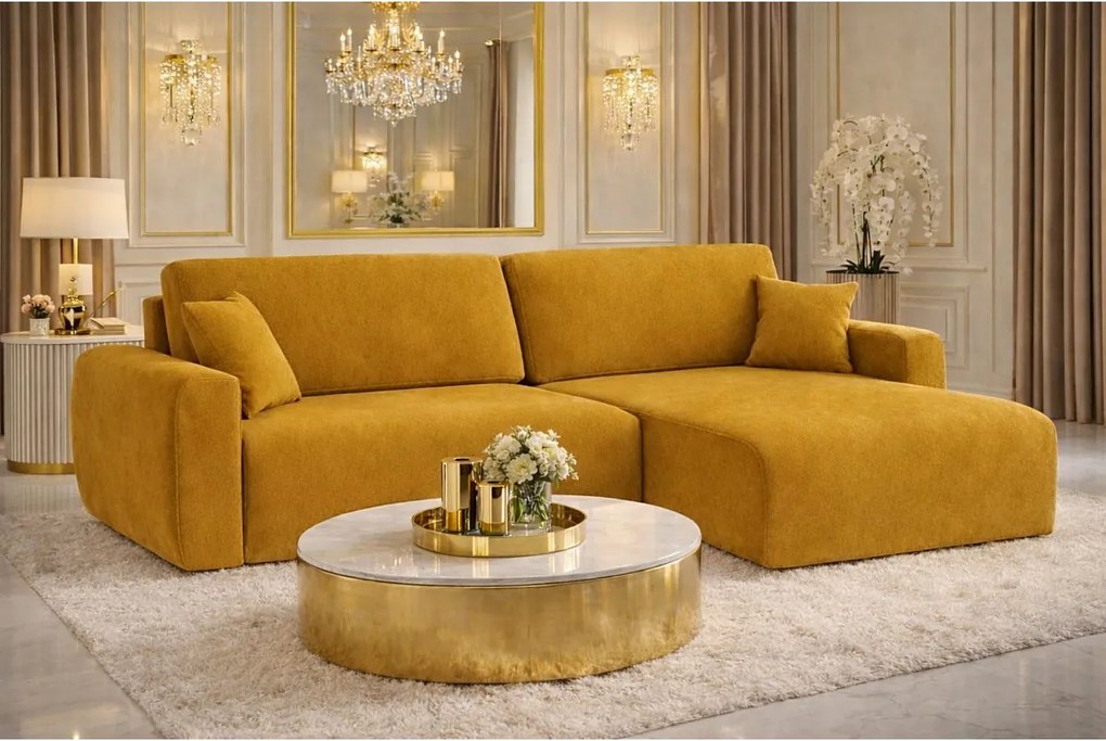 Narożnik z funkcją spania i pojemnikiem Ariel L, tkanina welurowa Salvador, Żółty, Prawy