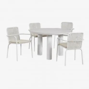Zestaw Okrągłych Stołów Ceramicznych I Aluminiowych Arken, Ø120, Oraz Cztery Aluminiowe Krzesła Ogrodowe Alberta Z Podłokietnika Kremowa - Sklum