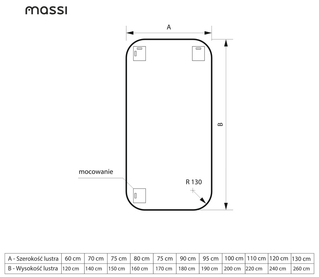 Lustro prostokątne bez ramy oszlifowane obracalne bez podświetlenia ROUND | Różne rozmiary | Różne kolory szkła : Kolor tafli szkła - Grafit, Rozmiar - 130 x 260 cm