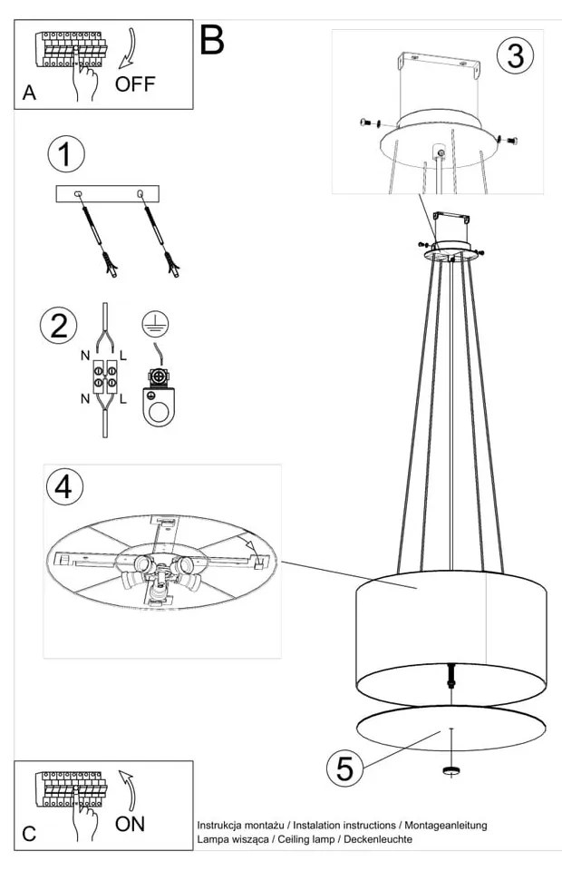 Czarna lampa wisząca z tekstylnym kloszem ø 50 cm Volta – Nice Lamps