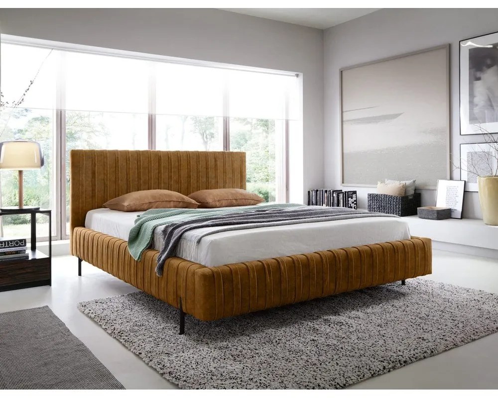 Tapicerowane łóżko dwuosobowe ze schowkiem ze stelażem 180x200 cm w kolorze ochry Plissa – ELTAP