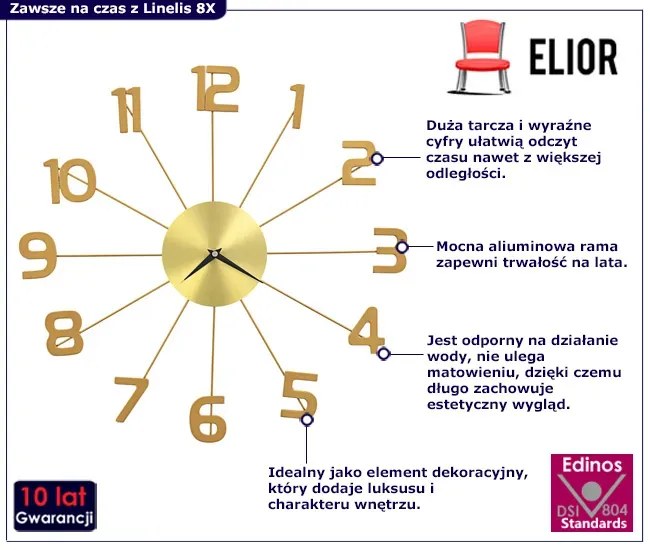 Stylowy złoty zegar ścienny 50 cm - Linelis 8X