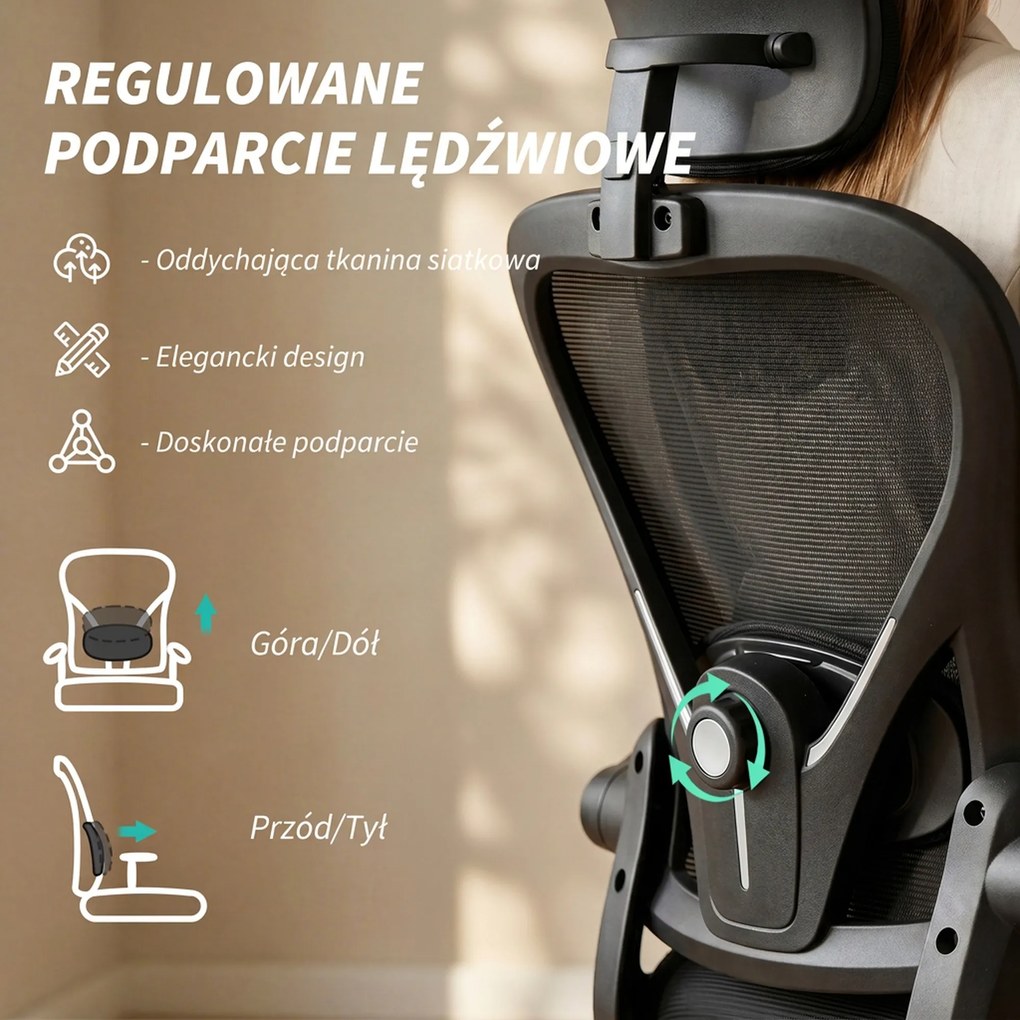 HOMCOM Fotel biurowy ergonomiczny z regulacją podłokietników i wsparciem lędźwiowym fotel do pracy czarny | Aosom PL