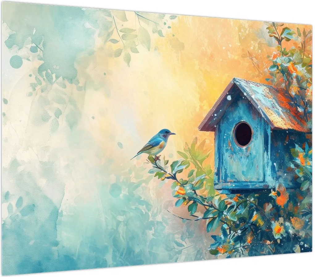 Obraz na szkle - Domek dla ptaków, akwarela (70x50 cm)